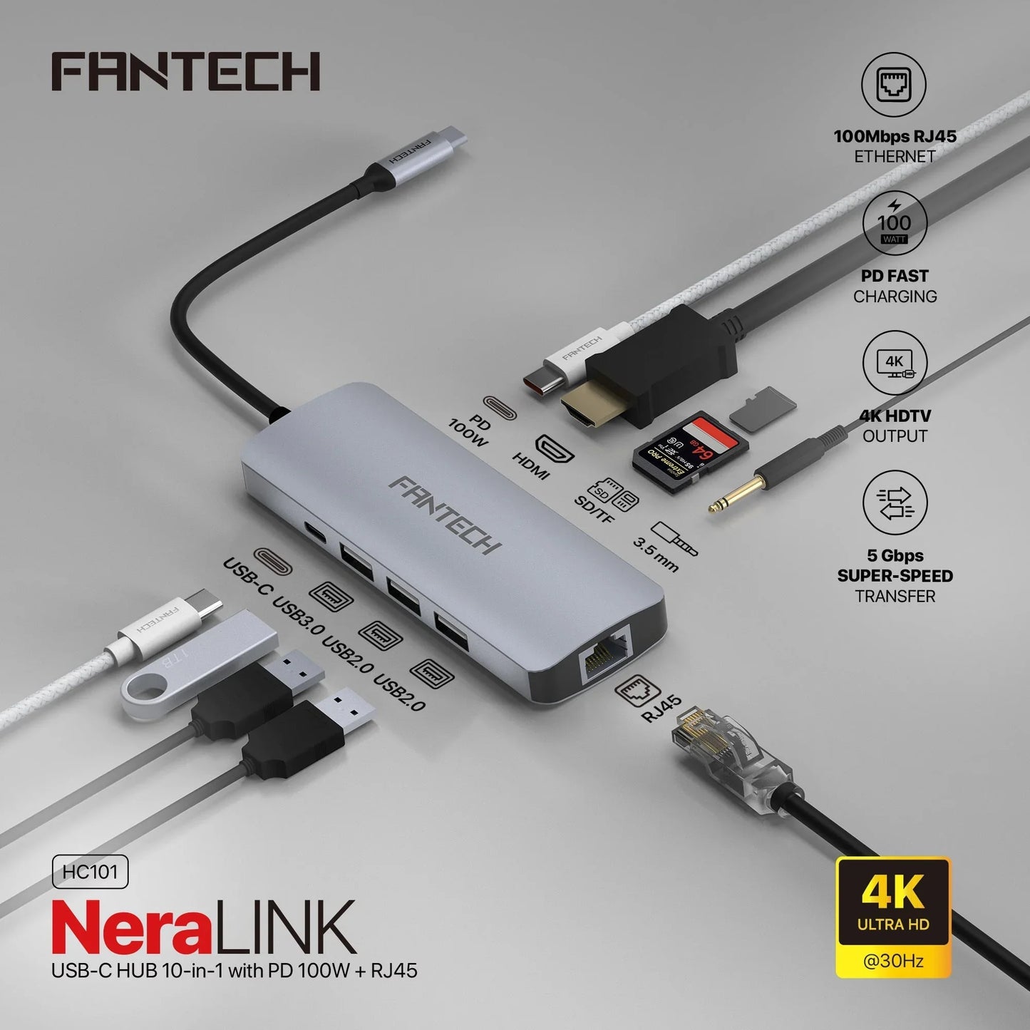 Fantech hc101 converter usb hub type c 10 in 1 usb & firewire hubs