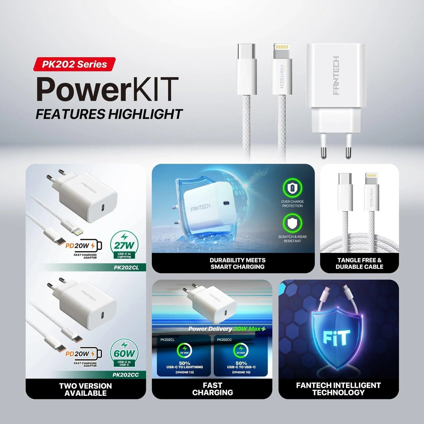 Fantech pk202 20w fast charging plug usb c braided cable power delivery