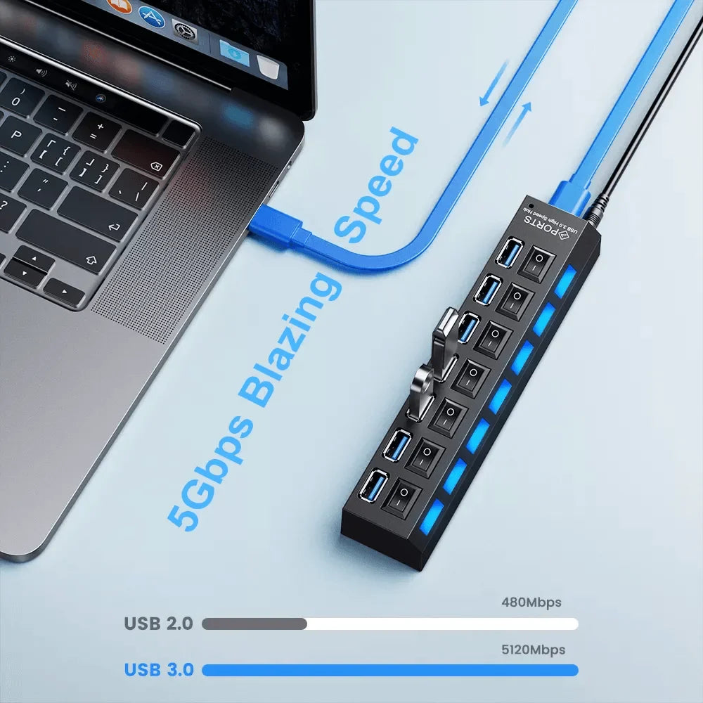 Usb 3.0 hub multi usb splitter 7 port with switch for pc home