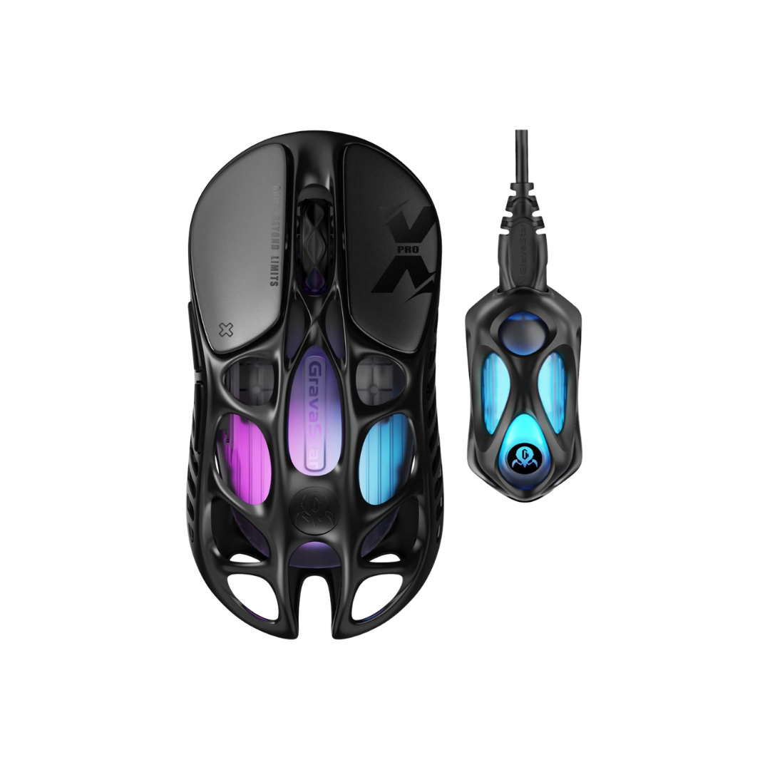GravaStar Mercury X Wireless Gaming Mouse – 32,000 DPI PAW 3950 Sensor, 1000Hz Polling Rate, Only 49g, Magnesium Alloy Hollow Frame, RGB Lighting, 5 Programmable Buttons.