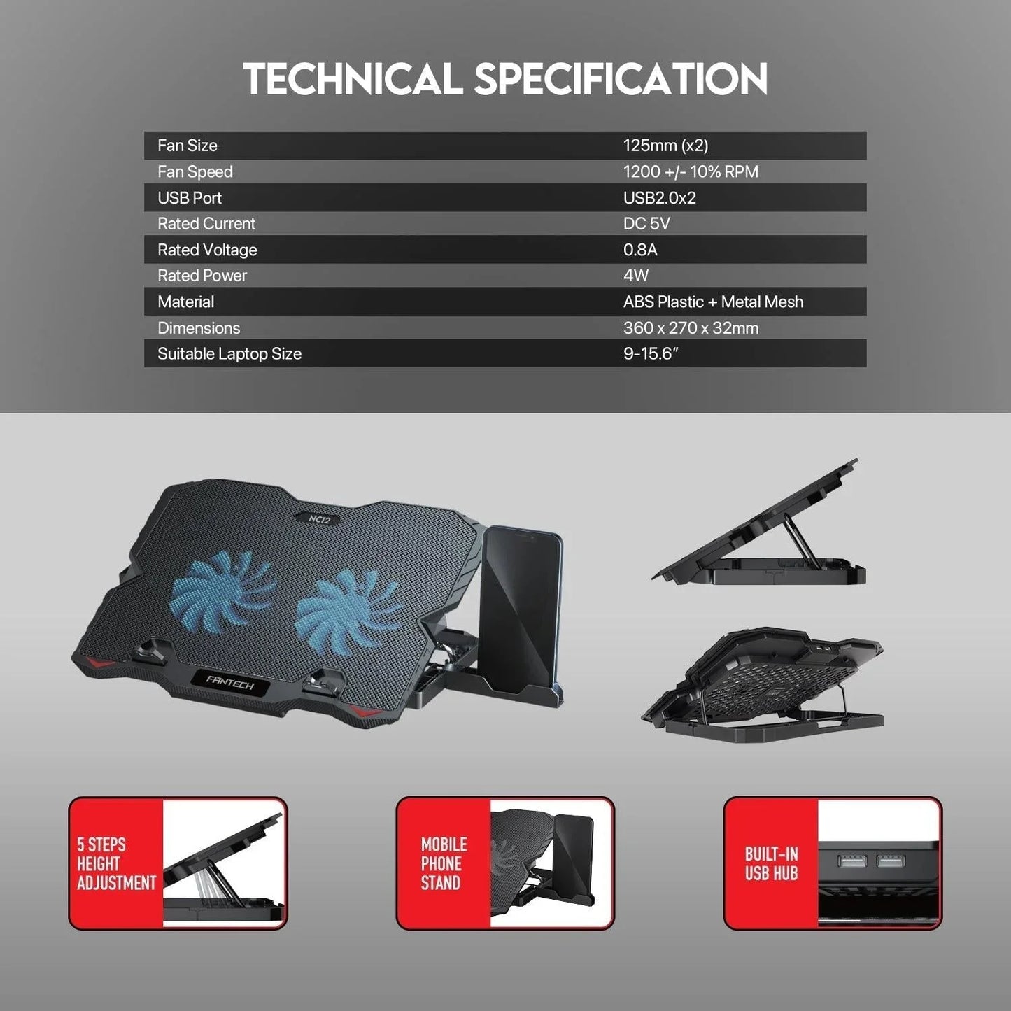 Fantech notebook cooler nc12 two fan suitable for 9-15.6 inch laptop computer