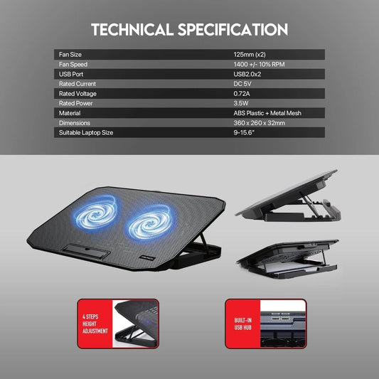 Fantech notebook cooler nc13 two fan suitable for 9-15.6 inch laptop computer