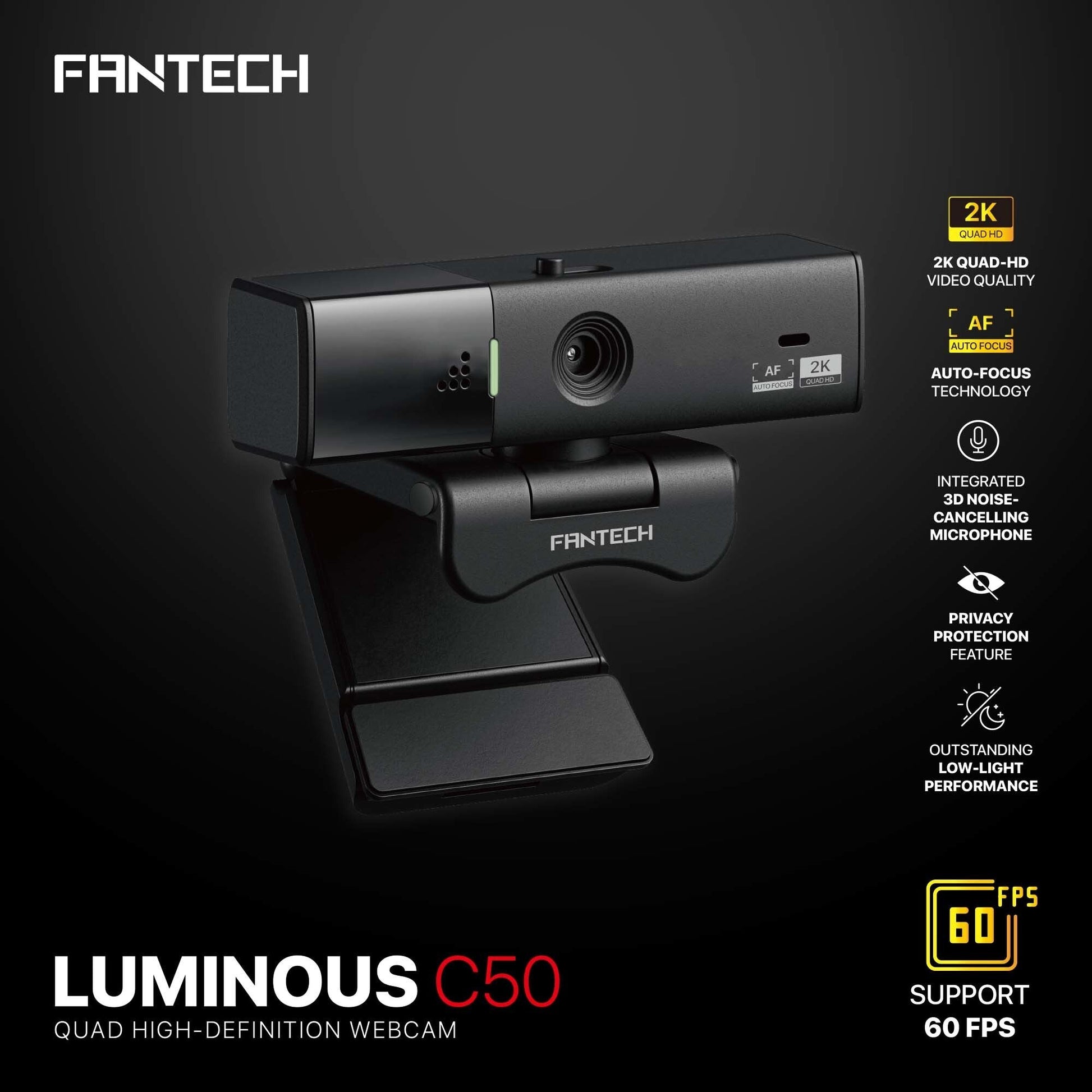 Fantech Luminous C50 Quad High-Definition Webcam 2K Quad-HD Support 60 FPS & 3D Noise Cancelling Mic - - Fun Touch Shop