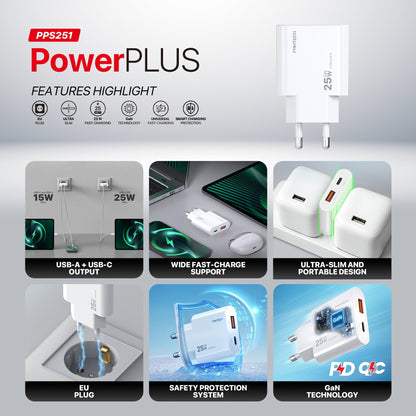 Fantech powerplus pps251 25w gan fast charger – dual-port usb-c & usb-a pd + qc wall charger ultra-slim compact design