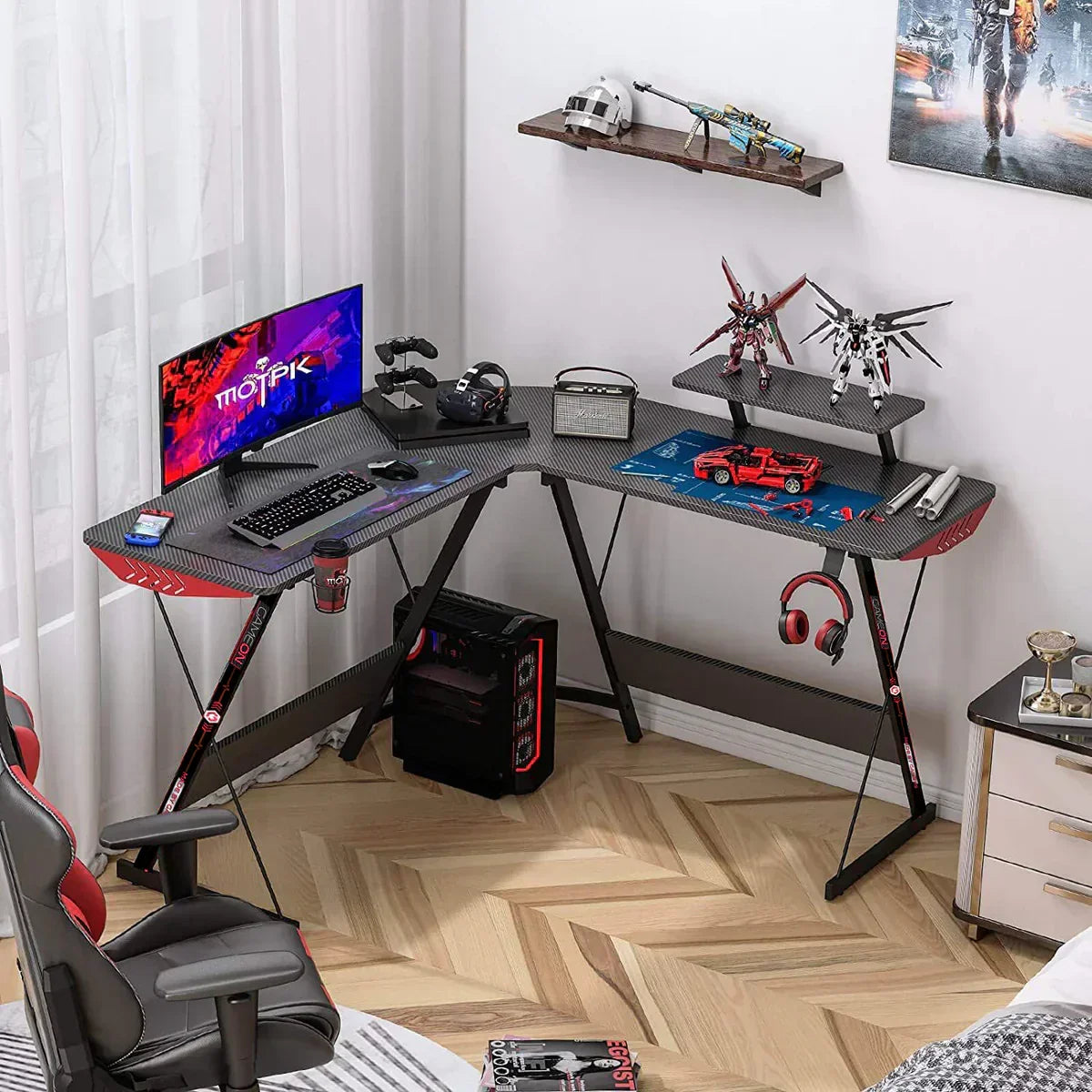 Gameon l-shaped slayer i series gaming desk (size: 129*129*74cm & table top