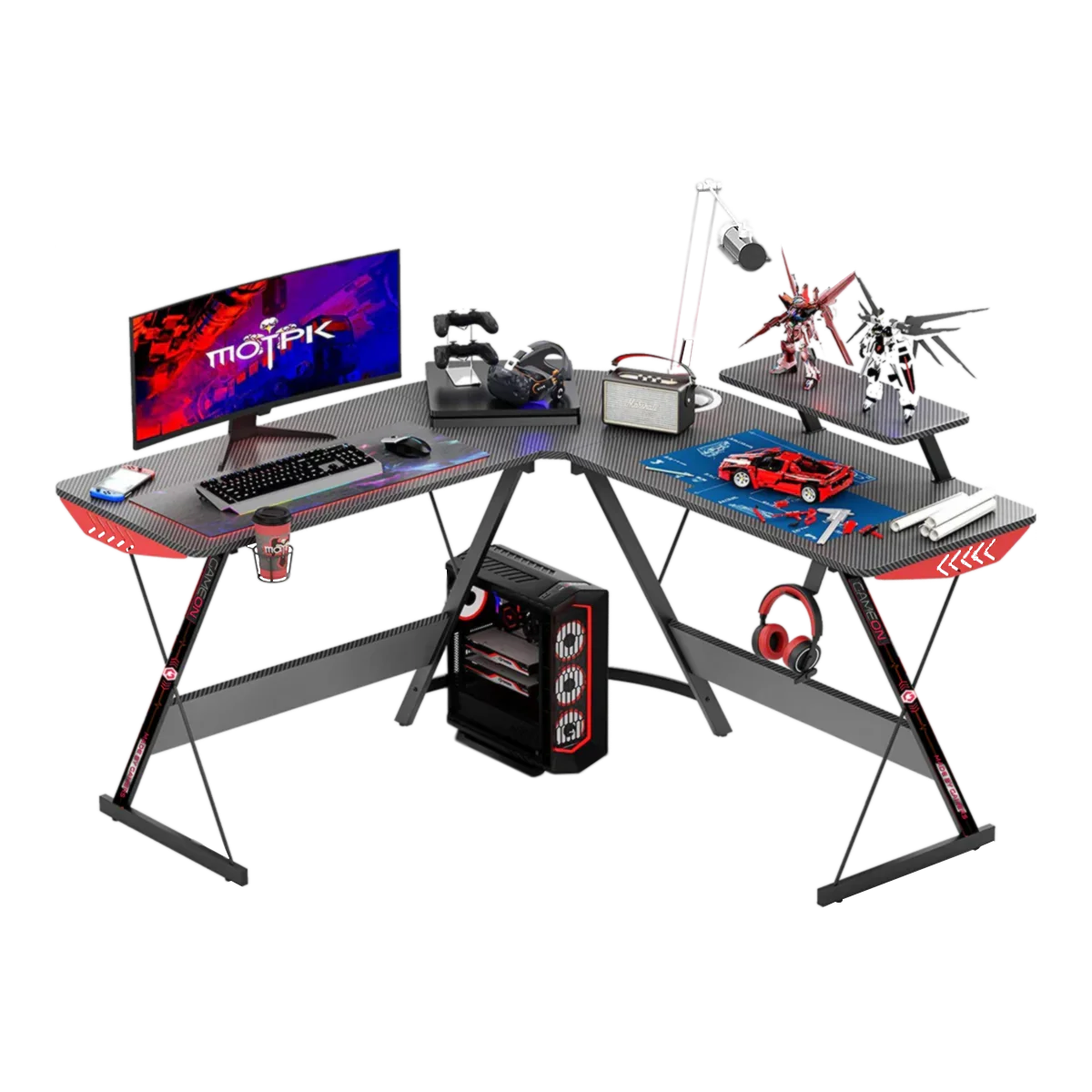 Gameon l-shaped slayer i series gaming desk (size: 129*129*74cm & table top