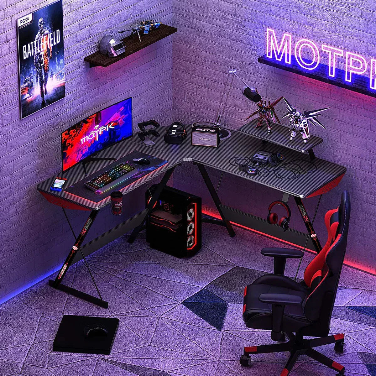 Gameon l-shaped slayer i series gaming desk (size: 129*129*74cm & table top