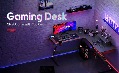 Gameon l-shaped slayer i series gaming desk (size: 129*129*74cm & table top