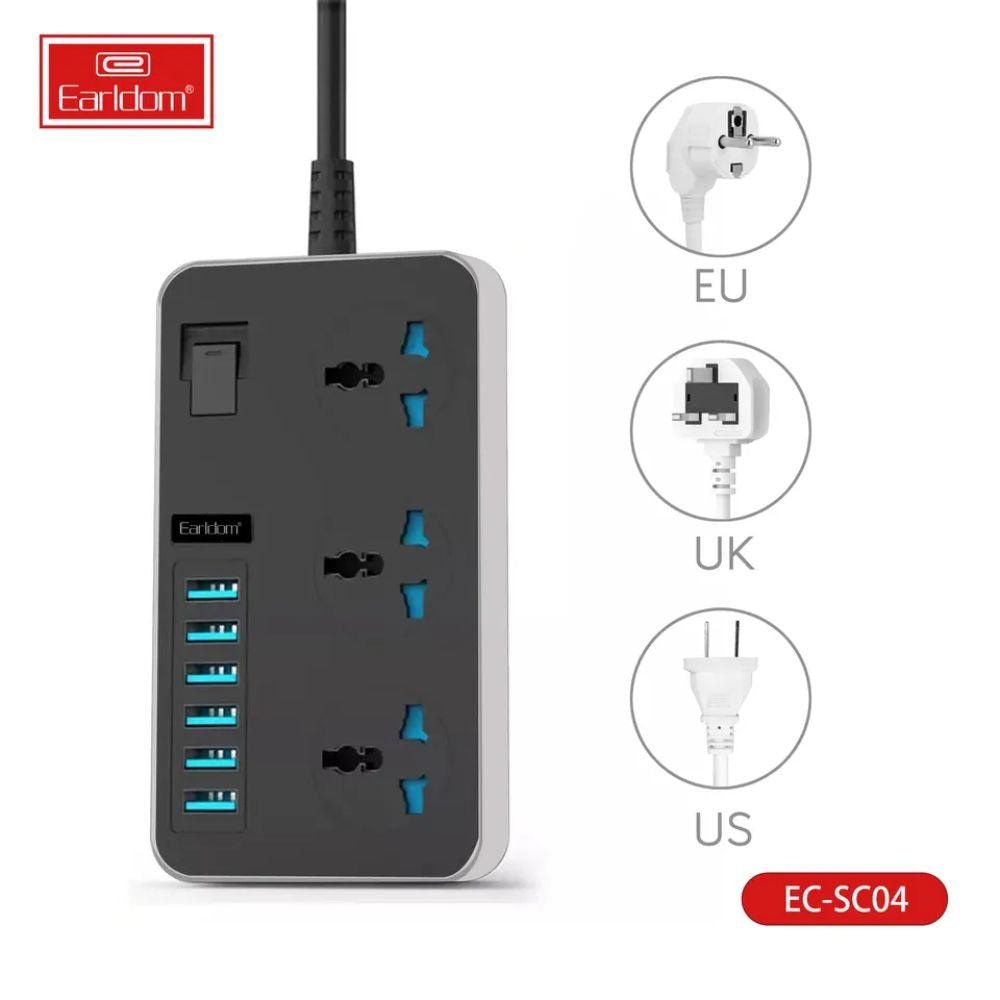 Earldom SC04 EU Socket 3000W 6USB Ports 3 Power Socket 3.1A 200CM Cables &