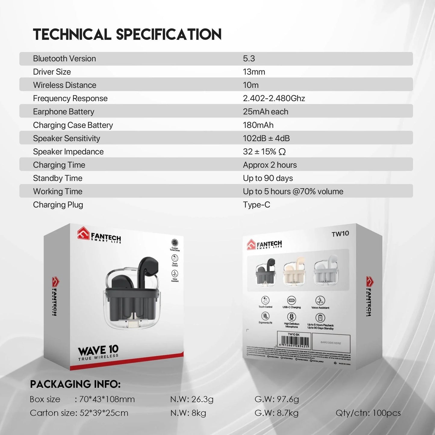 Fantech tws bluetooth wireless wave 10 tw10 built-in microphone