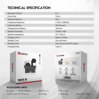Fantech tws bluetooth wireless wave 10 tw10 built-in microphone