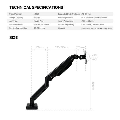 Fantech workstation mbs1 single-arm monitor mount 90 degree for 13’’ to 32’’ screen adjustable spring dual monitor arm