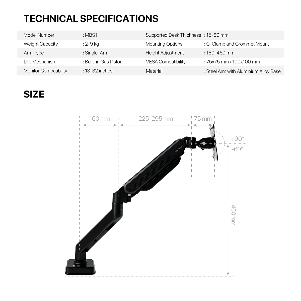 Fantech workstation mbs1 single-arm monitor mount 90 degree for 13’’ to 32’’ screen adjustable spring dual monitor arm