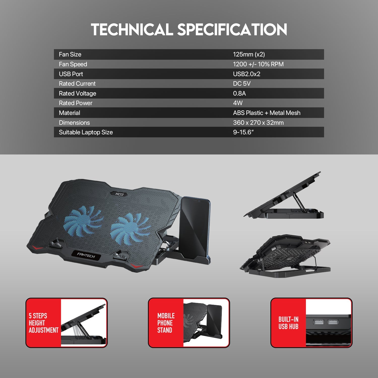 Fantech NoteBook Cooler NC12 Two Fan Suitable For 9-15.6 Inch Laptop