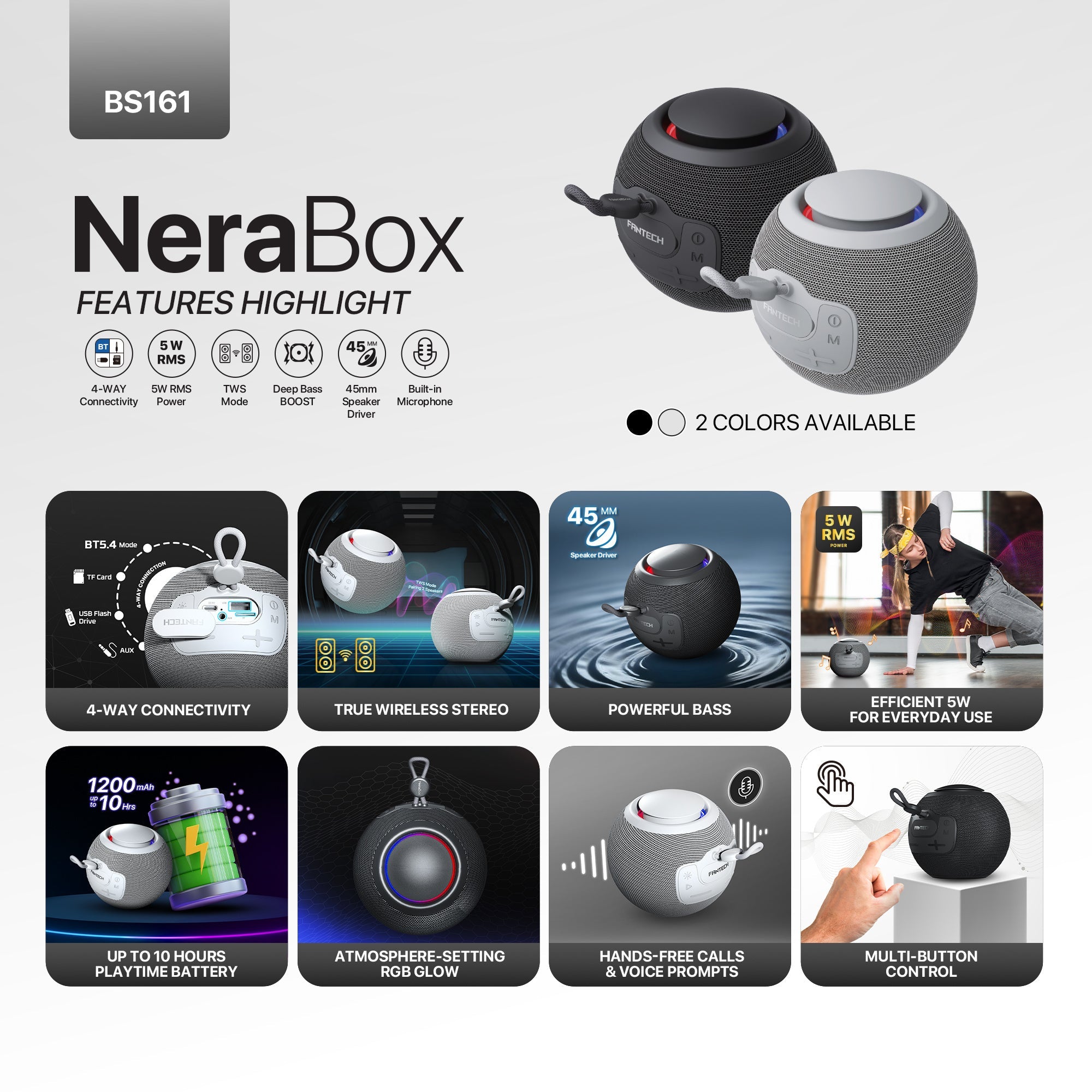 FANTECH BS161 Portable BT Wireless Speaker TWS 4-Way Connectivity TF Card Party Use Hands-Free Call RGB Mini Deep Bass Speakers - - Fun Touch Shop