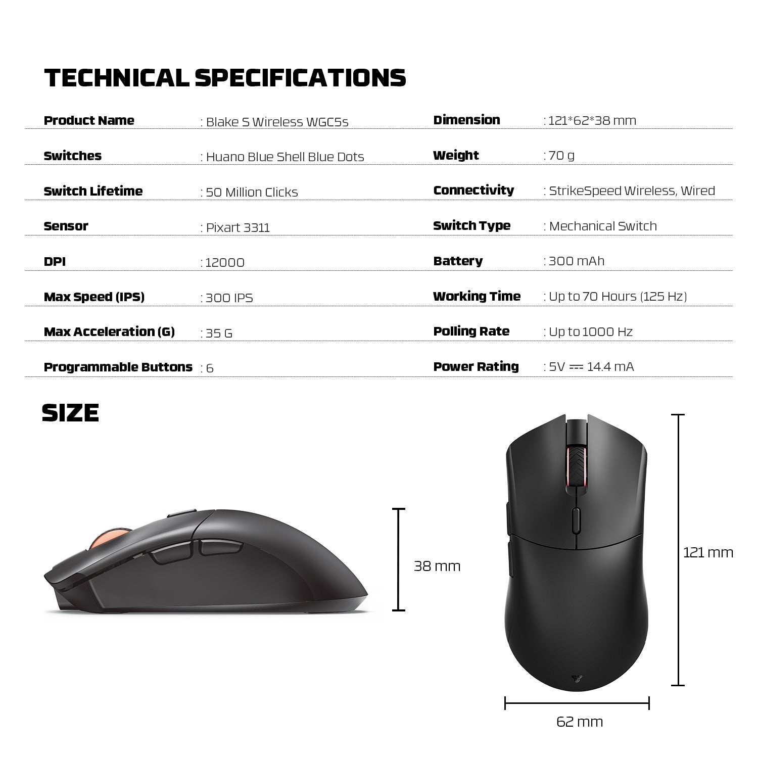 FANTECH WGC5S BLAKE S DUAL MODE WIRELESS GAMING MOUSE - BLACK - - Fun Touch Shop