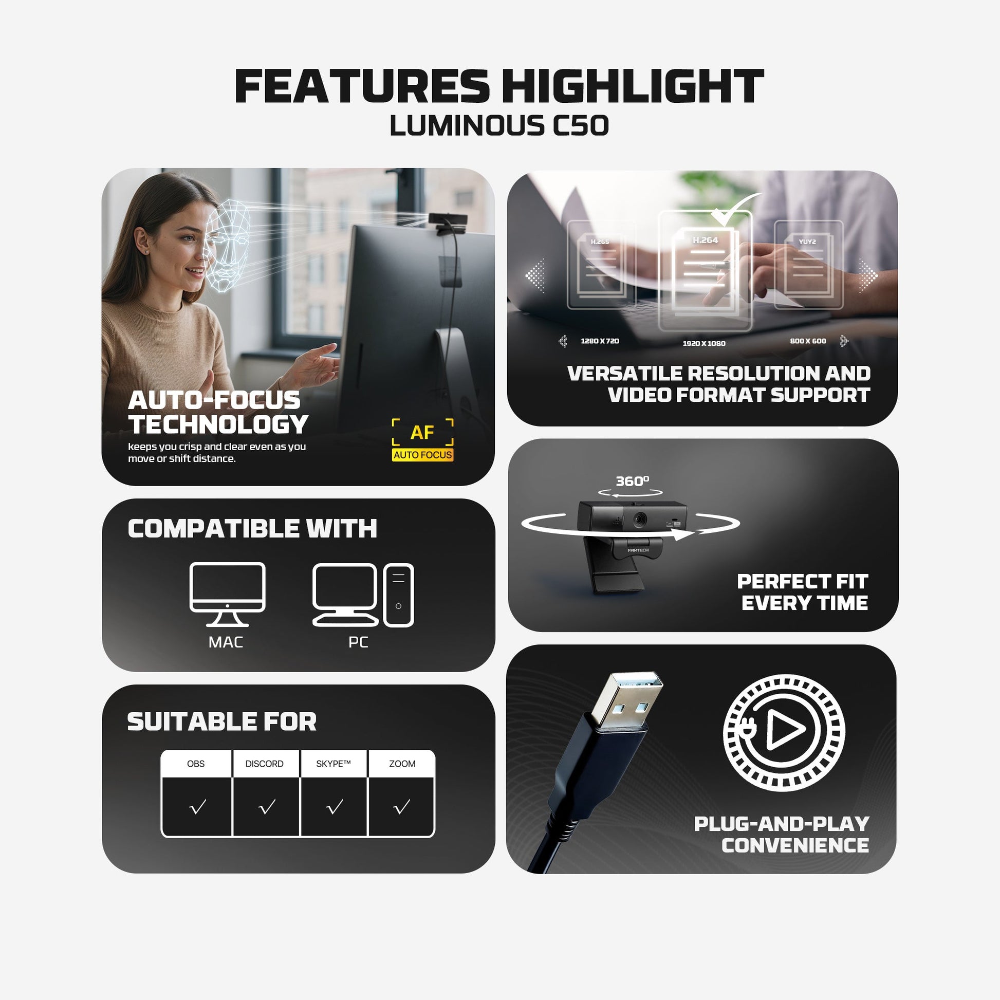 Fantech Luminous C50 Quad High-Definition Webcam 2K Quad-HD Support 60 FPS & 3D Noise Cancelling Mic - - Fun Touch Shop