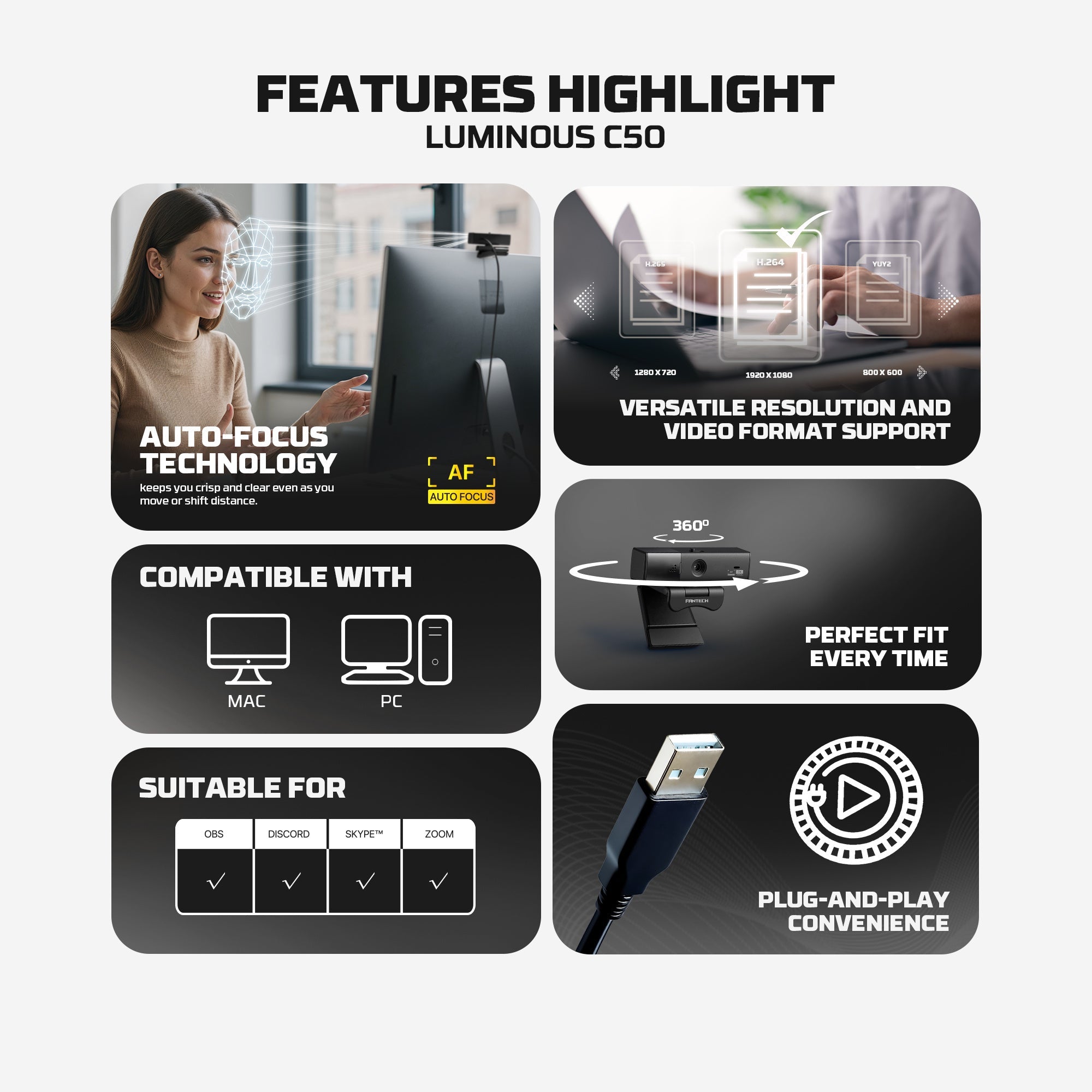 Fantech Luminous C50 Quad High-Definition Webcam 2K Quad-HD Support 60 FPS & 3D Noise Cancelling Mic - - Fun Touch Shop