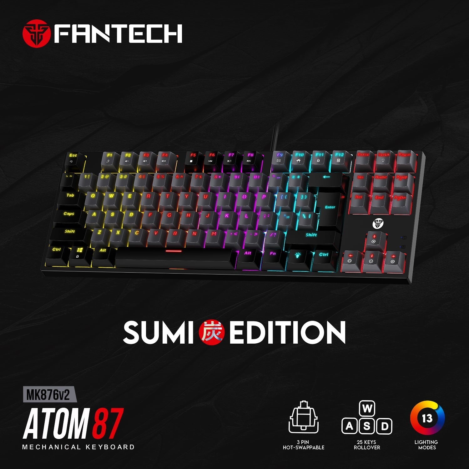 Fantech atom tkl mk876v2 double injection keycaps mechanical keyboard - Fun Touch