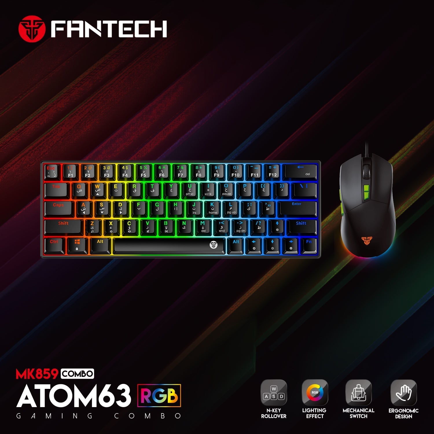 Fantech atom63 mk859c mechanical gaming keyboard & mouse arabic/english - Fun Touch