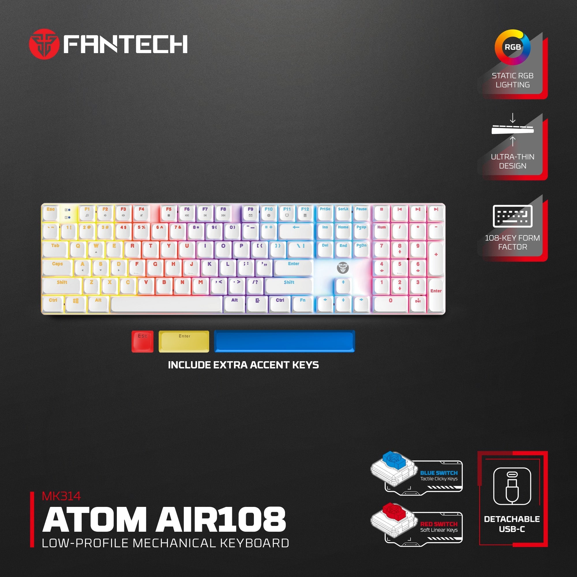 FANTECH ATOMAIR108 MK314 MECHANICAL KEYBOARD LOW PROFILE WHITE Keyboard