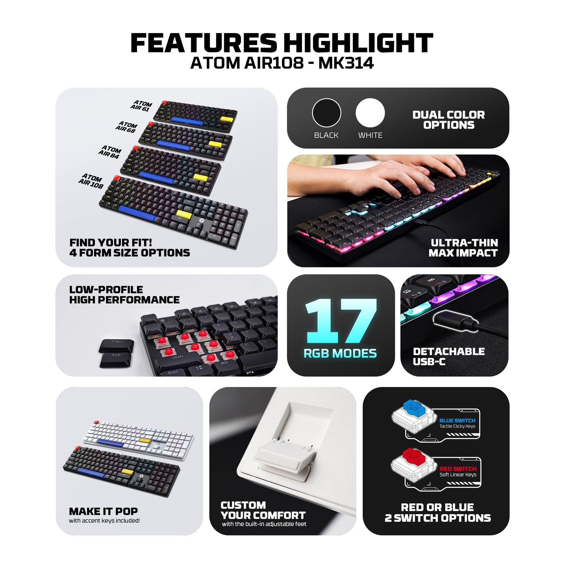 FANTECH ATOMAIR108 MK314 MECHANICAL KEYBOARD LOW PROFILE WHITE Keyboard