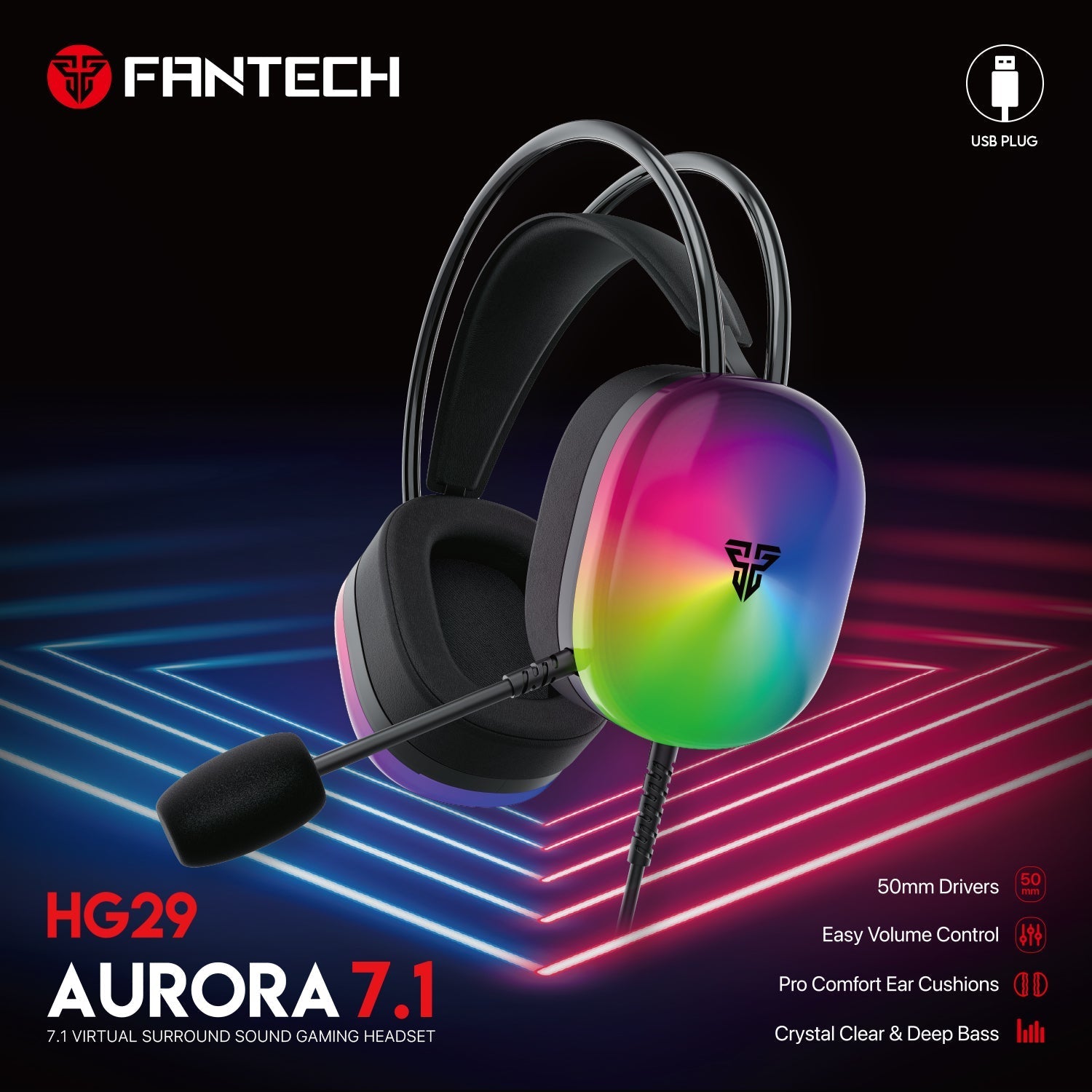 Fantech aurora hg29 7.1 virtual surround sound gaming headset rgb - Fun Touch