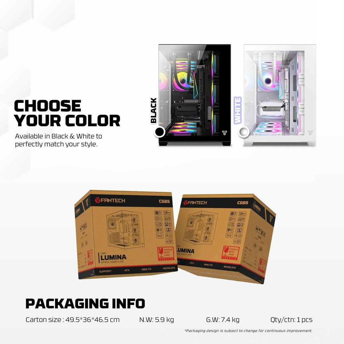 Fantech cg85 lumina mid tower gaming case - white - case
