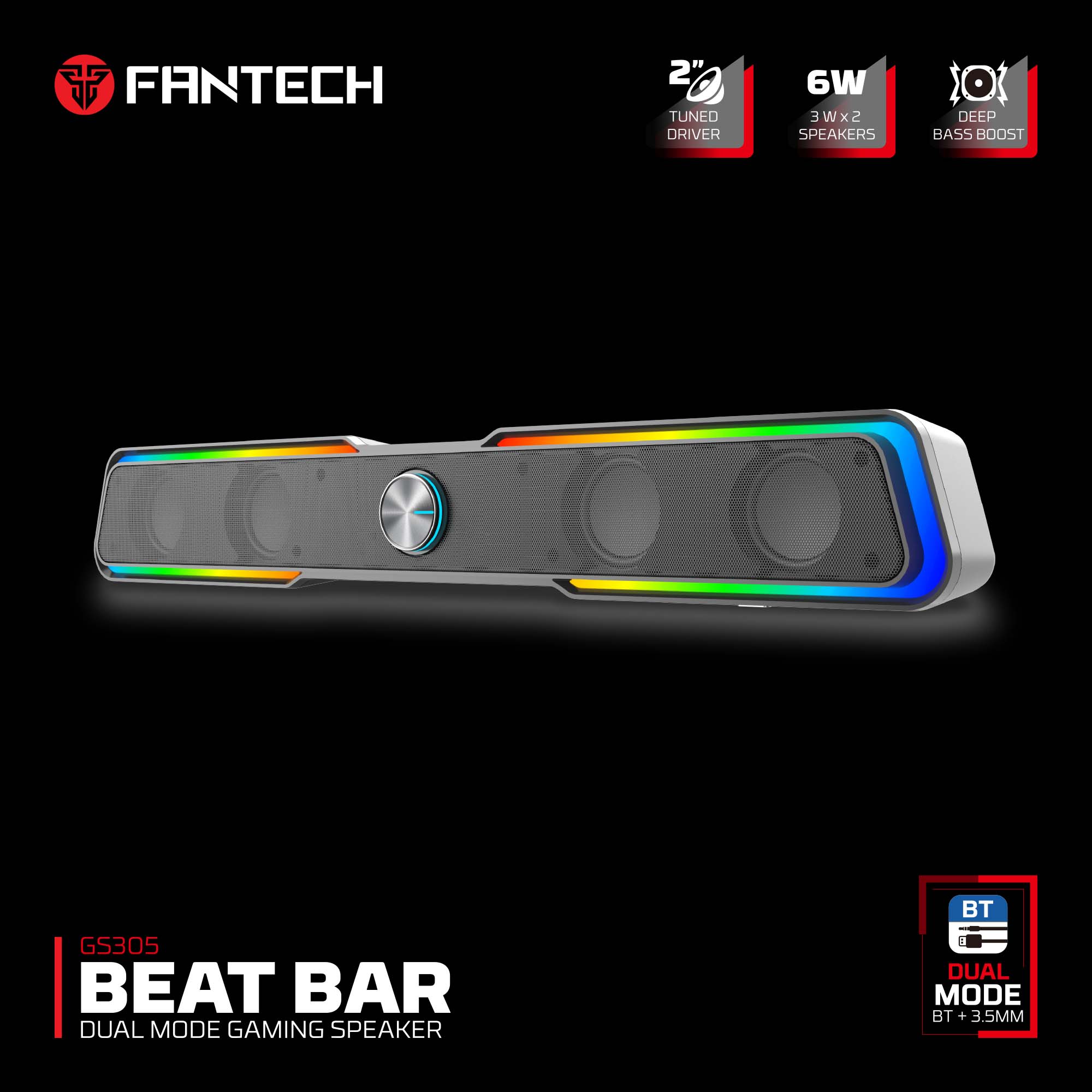 Fantech GS305 Bluetooth 5.3 Soundbar Dual mode RGB Lighting Gaming Speaker Audio