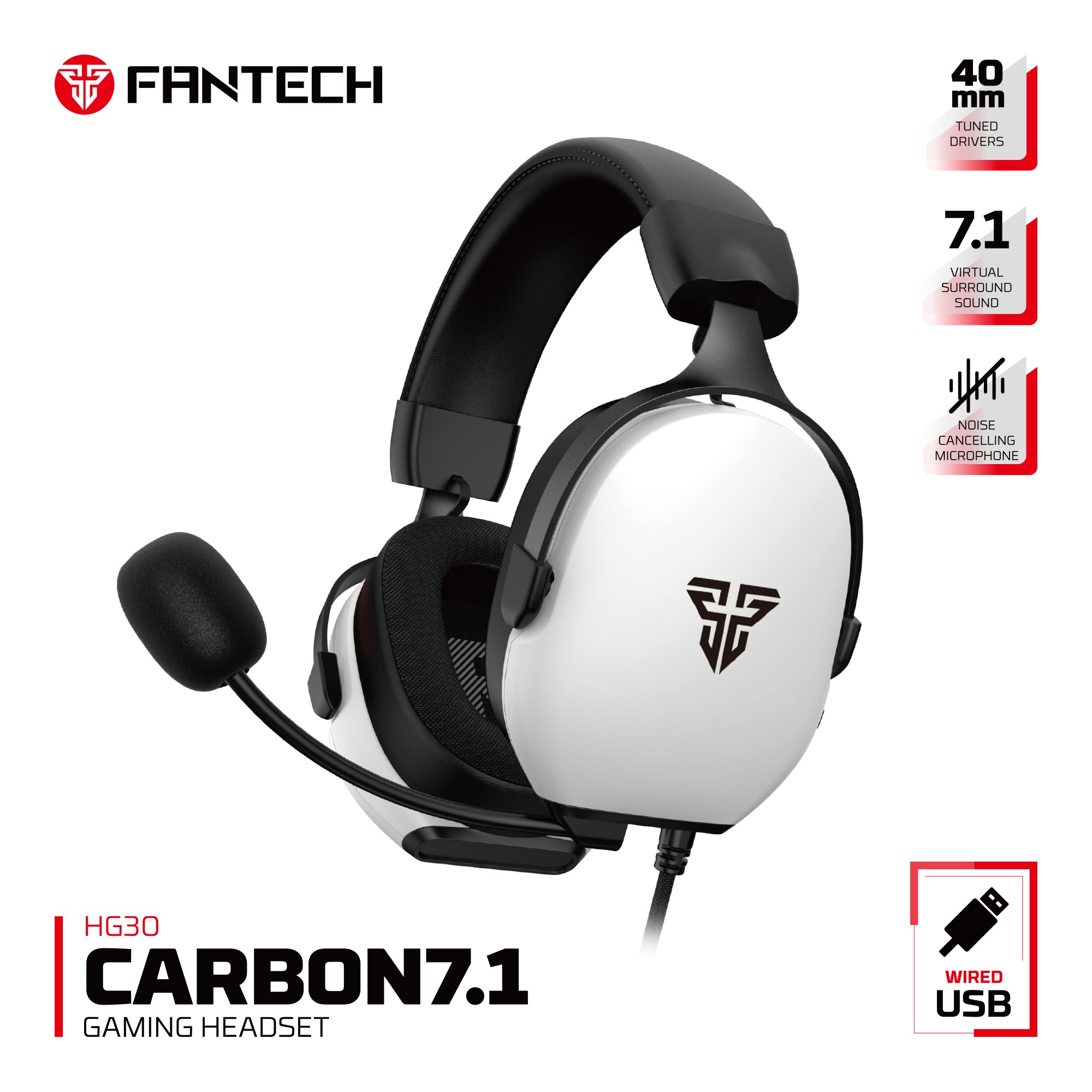 FANTECH HG30 CARBON 7.1 Surround Sound Gaming Headset White Headset 7.1