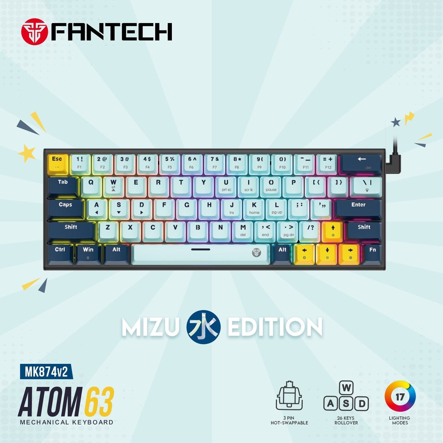 Fantech MK874 V2 Atom 63 Hot swappable Mechanical Keyboard Sky Blue Keyboard