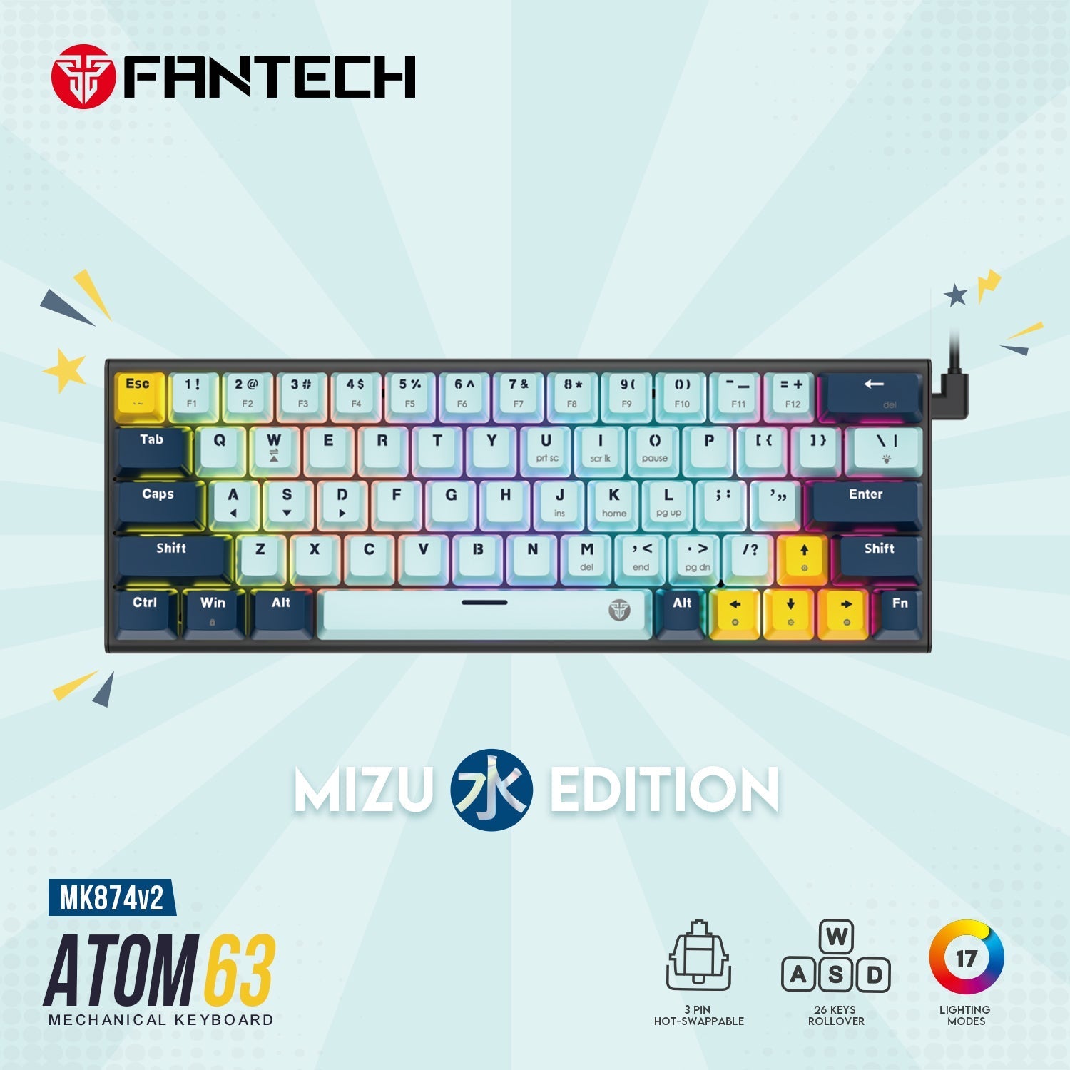 Fantech mk874 v2 atom 63 hot swappable mechanical keyboard sky blue - Fun Touch