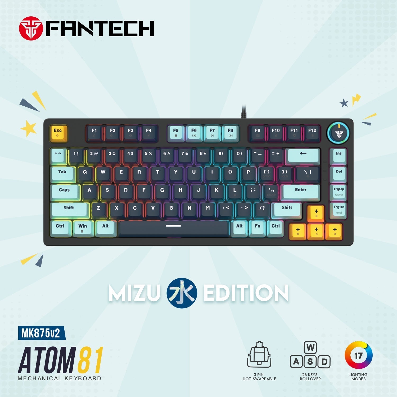 Fantech mk875v2 atom 81 rgb mechanical gaming keyboard mizu edition navy blue - Fun Touch