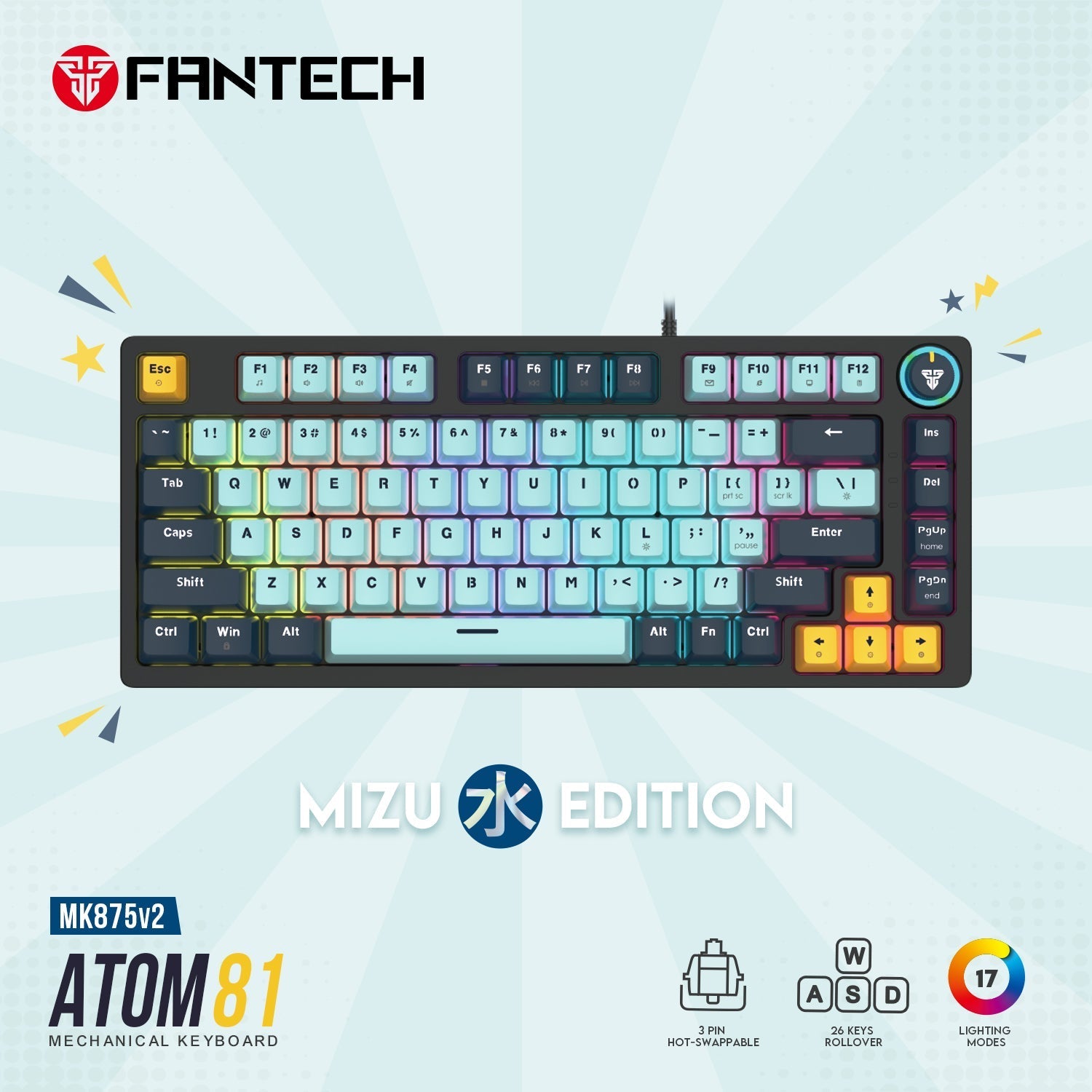 Fantech mk875v2 atom 81 rgb mechanical gaming keyboard mizu edition sky blue - Fun Touch