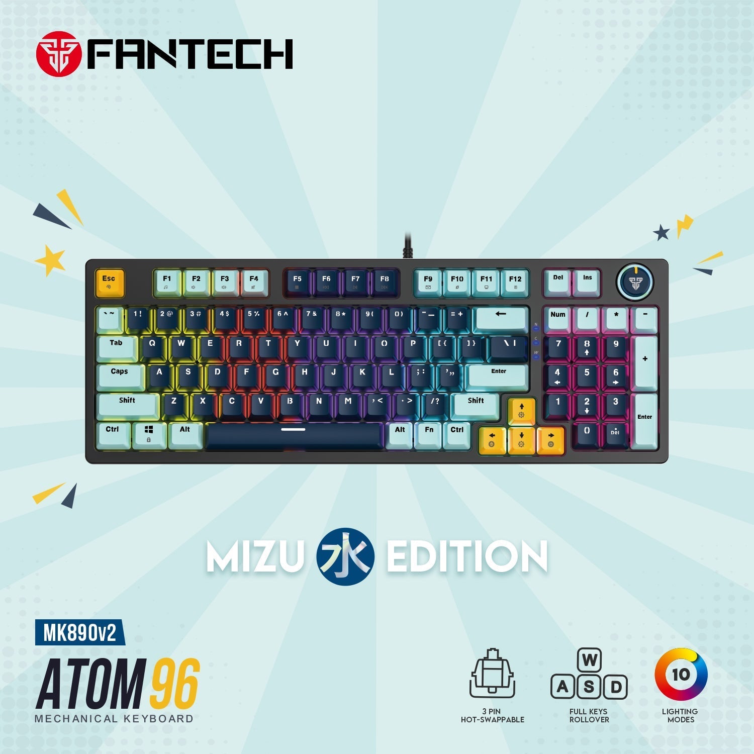 Fantech mk890v2 atom 96 rgb mechanical gaming keyboard mizu edition navy blue - Fun Touch