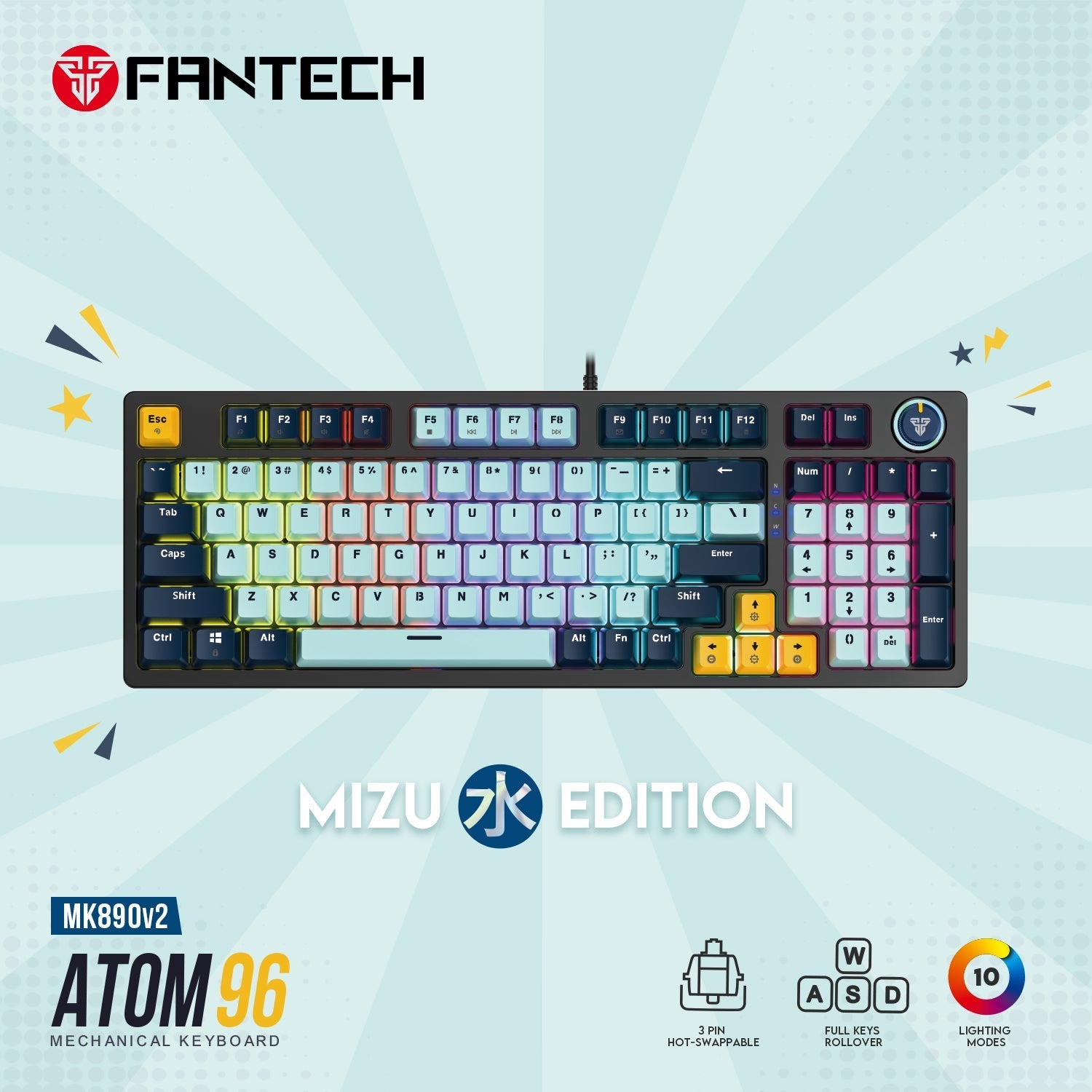 Fantech mk890v2 atom 96 rgb mechanical gaming keyboard mizu edition sky blue - Fun Touch