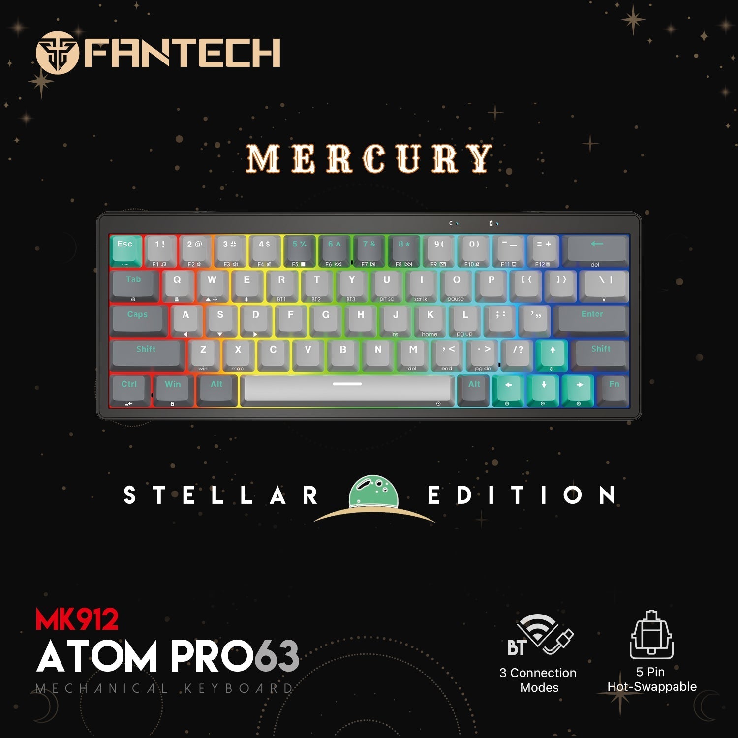 Fantech mk912 atom pro63 rgb bluetooth, wireless gaming keyboard mercury - Fun Touch