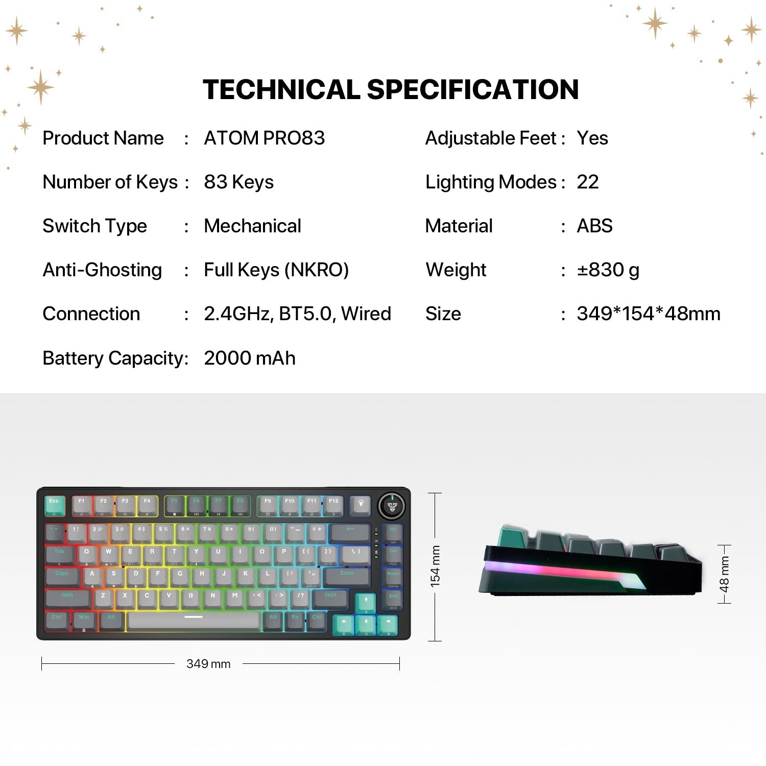 Fantech mk913 atom pro83 rgb bluetooth wireless gaming keyboard saturn