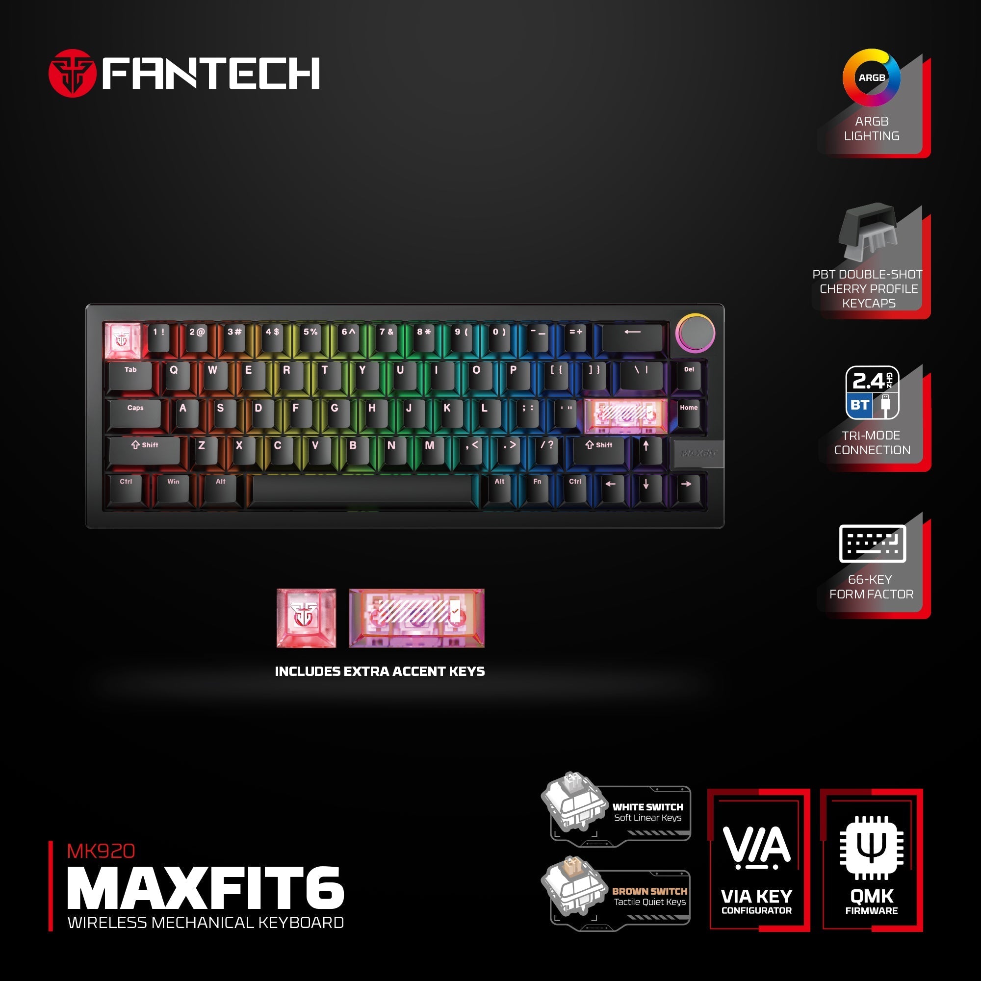 FANTECH MK920 MAXFIT6 Wireless Mechanical Gaming Keyboard Black Keyboard