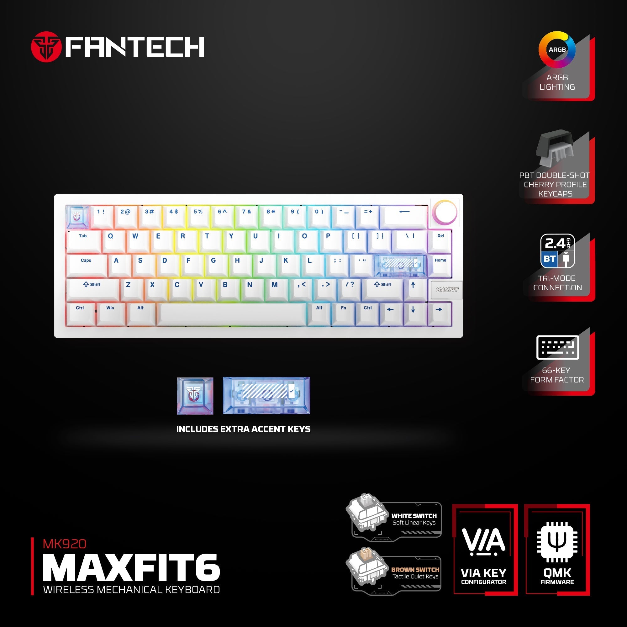 Fantech mk920 maxfit6 wireless mechanical gaming keyboard white
