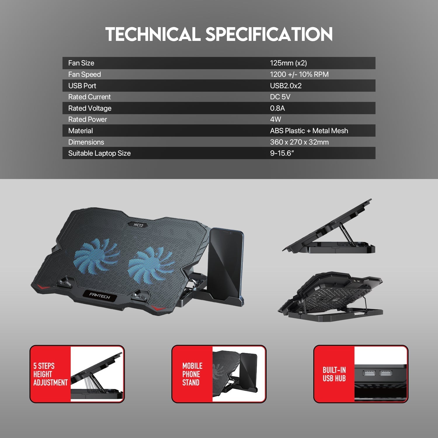 Fantech NoteBook Cooler NC12 Two Fan Suitable For 9 15.6 Inch Laptop Cooling