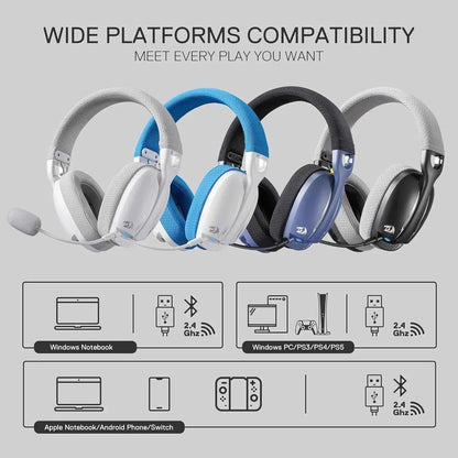 Redragon h878 wireless gaming headset - lightweight 3-mode design with blue lighting and 7.1 surround sound - audio