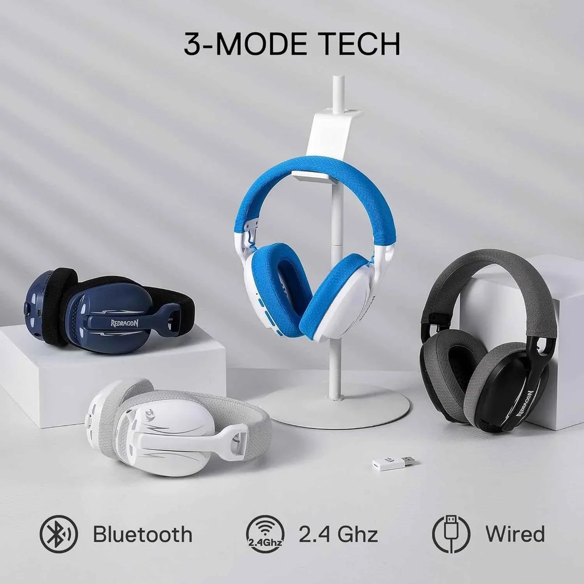 Redragon h878 wireless gaming headset - lightweight 3-mode design with blue lighting and 7.1 surround sound - audio