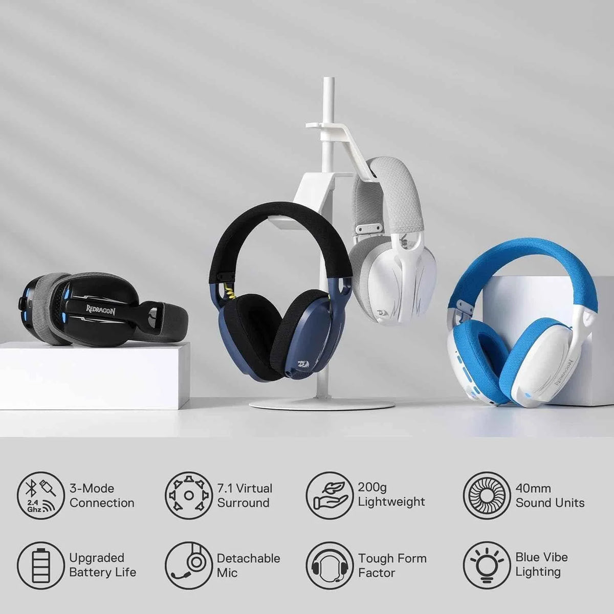 Redragon h878 gaming headset - lightweight wireless 3-mode with blue lighting & 7.1 surround sound - audio | wireless
