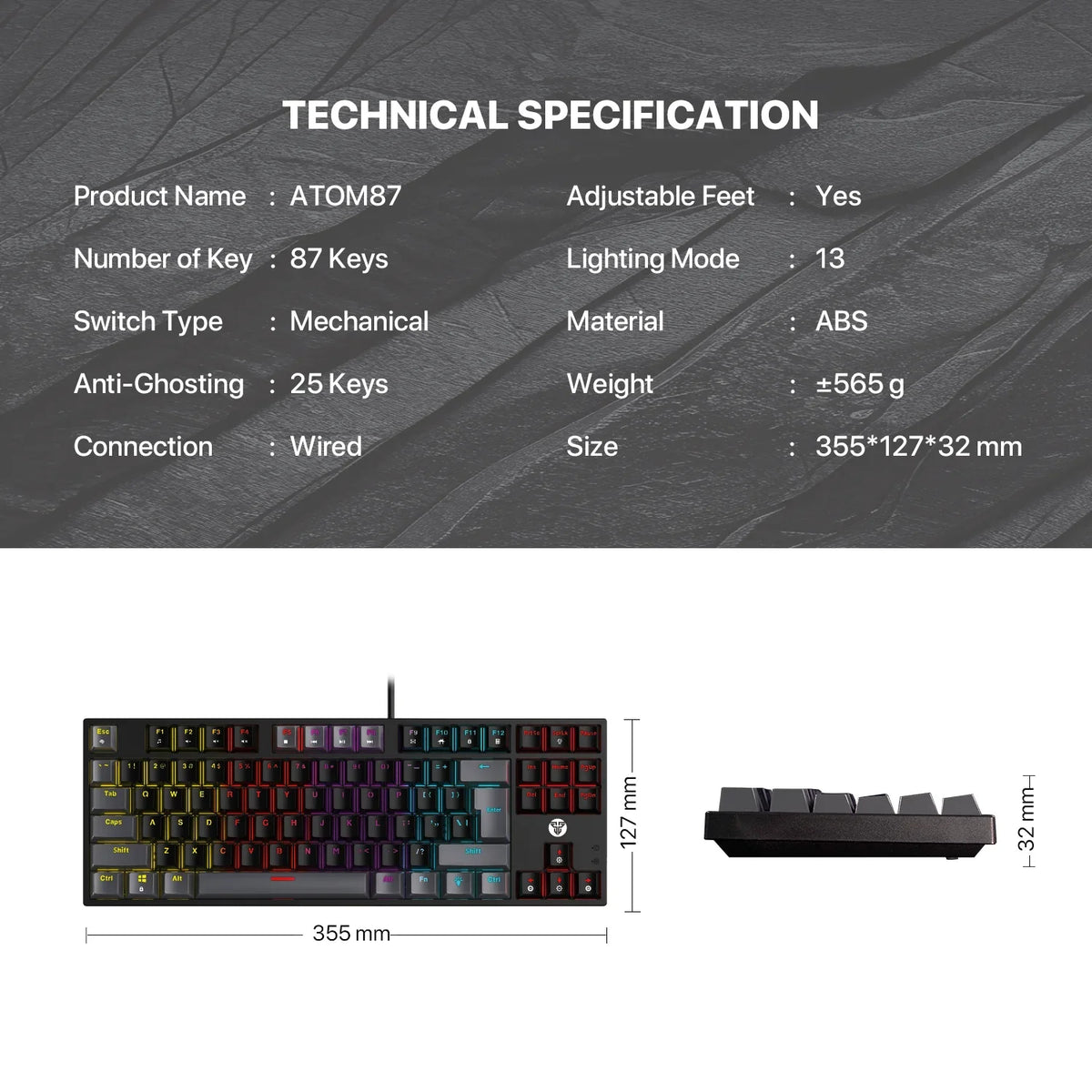 Fantech atom mk876v2 keyboard - tkl double injection keycaps mechanical gaming keyboard