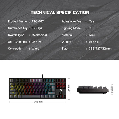 Fantech atom mk876v2 keyboard - tkl double injection keycaps mechanical gaming keyboard