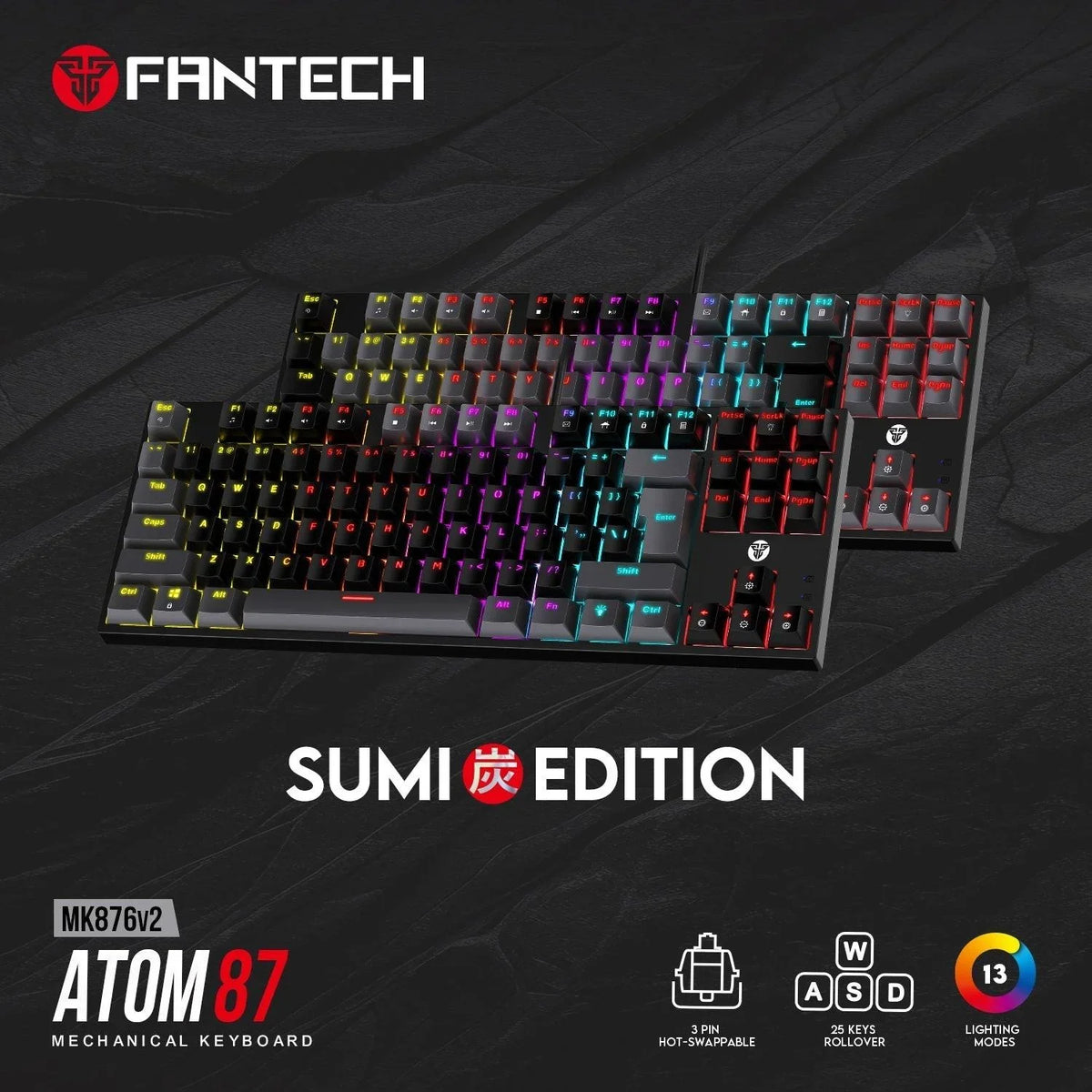 Fantech atom mk876v2 keyboard - tkl double injection keycaps mechanical gaming keyboard