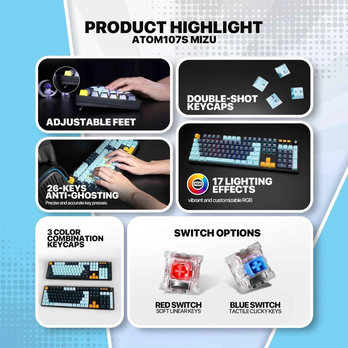 Fantech atom107s mk893s mechanical keyboard mizu edition sky blue for ultimate performance and style - keyboard
