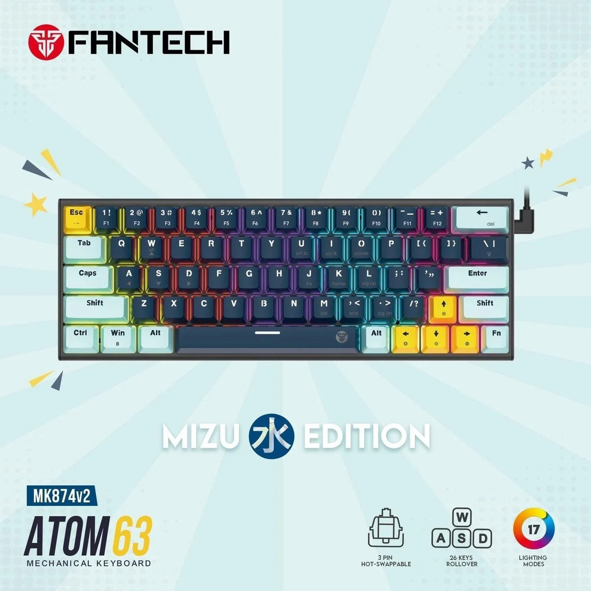 Fantech mk874 v2 keyboard - hot swappable mechanical gaming keyboard in navy blue for customization
