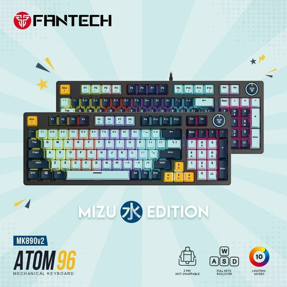 Fantech mk890v2 atom gaming keyboard mizu edition navy blue - rgb mechanical gaming keyboard